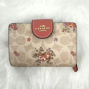 Coach Medium Corner Zip Wallet In Signature Canvas With Floral Print CAO99 Sand
